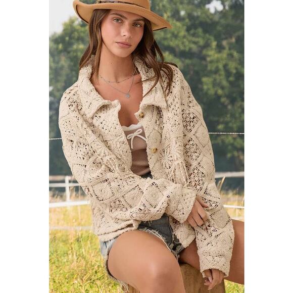 Main Strip Natural Macrame Crochet Lace Fringed Jacket
